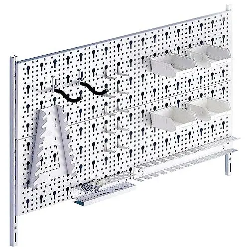 Produktbild: DIY Element System HEIMWERKER ORGANIZER 2 – Metall-Werkzeugwand mit verschiedenen Halterungen, ideal für Heimwerkstatt – 2 Stahl-Lochplatten 800 x 200 mm, weiß