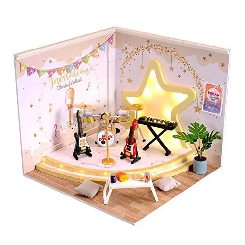 Produktbild: Zerodis DIY Puppenhaus Miniatur Kit, 3D Holz DIY Miniatur Puppenhaus Modell Set handgefertigte Bastelwohnung mit LED-Licht Dekoration für Kinder (ohne Batterie)