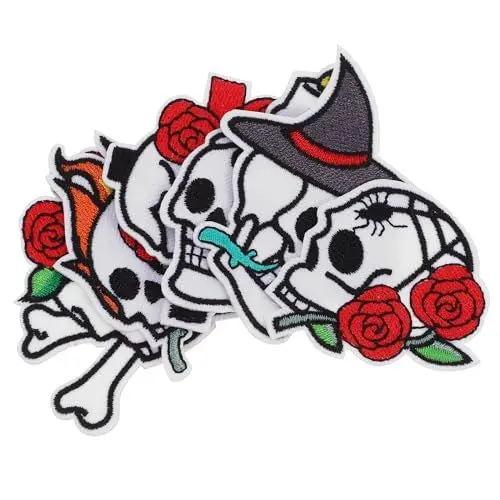 Produktbild: DIYEAH Halloween-Aufnäher Zum Aufbügeln 6 Stück Rosenschädel Bestickt Zum Aufnähen Goth-Rock Punk Applikation Reparaturflicken Diy-Bastelzubehör Für Jacken Hüte Kleidung Taschen