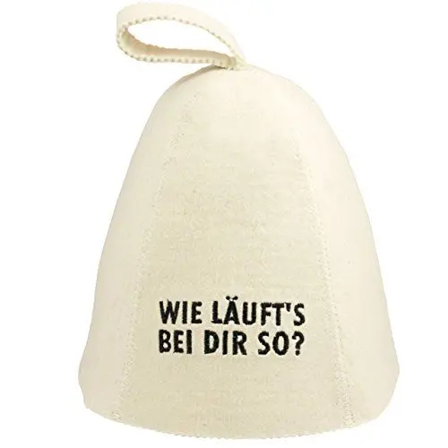 Produktbild: Saunahut - Modell mit Aufschrift - Wie läuft's bei dir so? - 100% Baumwolle - Saunamütze aus Filz für Damen und Herren