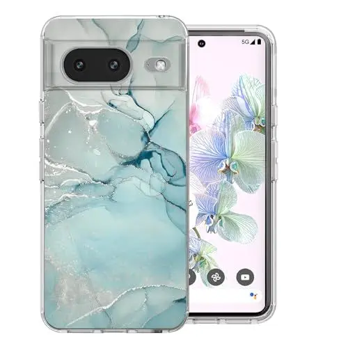 Produktbild: DiyGody Elegant Handyhülle für Google Pixel 8 6.1 Zoll, Kratzfest Hybrid-Schutz Ultra Dünn Hülle mit Glitzernd Grün Marmor Muster für Frauen, Weich Silikon TPU Schutzhülle für Google Pixel 8 5G 2023
