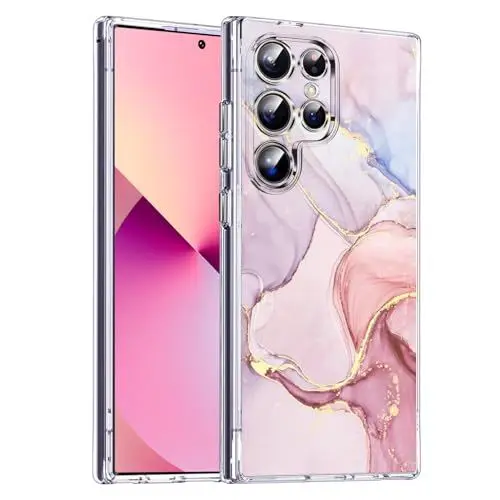 Produktbild: DiyGody Elegant Handyhülle für Samsung Galaxy S24 Ultra 6,8 Zoll, Kratzfest rutschfest Stoßfeste Hülle mit Glitzernd Marmor Muster für Frauen, Weich Silikon Schutzhülle für Galaxy S24 Ultra 5G - Rosa