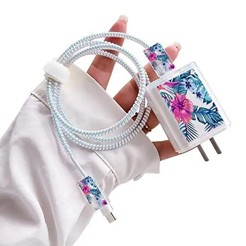 Produktbild: DiyGody Niedliche Blumen Schutzhülle für Ladegerät, Kabel Zubehör Schützen Ladekabel, Flexibler Silikon für iPhone USB Schutzhülle, Kabelschutz Geruchsfrei, Beißfest - Grüne Blätter