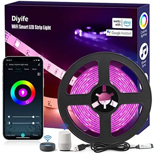 Produktbild: Diyife WiFi LED Strip (App/Lautsprecher Steuerung), 3M RGB LED Streifen, 90 LED Schneidbar Lichtband mit Zeitfunktion, Musik & Stimme Sync zu TV, Party, Küche, Spielzimmer (Energieklasse A+++)