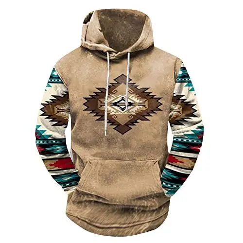 Produktbild: DIYIOUZHOU Hoodie Jungen Bluse Herren Kordelzug Ethno Bluse Kapuzen Langarm Camping Blusentops Herren Bequemer aztekisch Loose Khaki