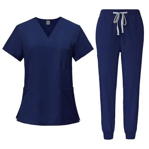 Produktbild: DIYIOUZHOU Krankenhaus Kleidung Frauen Uniform Scrubs Set Top Und Cuffed Pants Langlebig V-Ausschnitt Bequem Mit Taschen Krankenschwester Arbeitskleidung Blau XXL