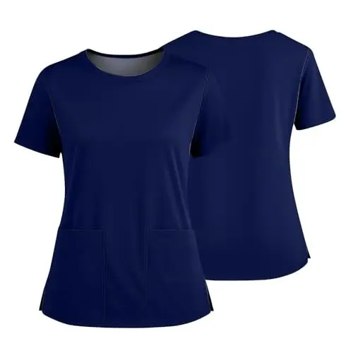 Produktbild: DIYIOUZHOU Pflege Kleidung Damen Arbeitskleidung Pflege Damen Kasacks Medizinische Berufsbekleidung Rundhalsausschnitt Blouse Mit Aufgesetzten Taschen Blau 4XL