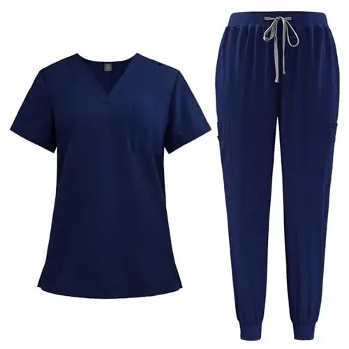 Produktbild: DIYIOUZHOU Uniform Damen Frauen Uniform Scrubs Set Top Und Cuffed Pants Langlebig V-Ausschnitt Bequem Mit Taschen Krankenschwester Arbeitskleidung Blau XXL