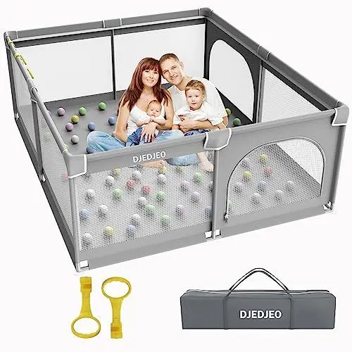 Produktbild: DJEDJEO Laufstall Baby, Laufgitter Baby 127x127cm, Faltbar mit Atmungsaktivem Netz, Rutschfeste Basis, Schutzgitter Krabbelgitter für Kinder