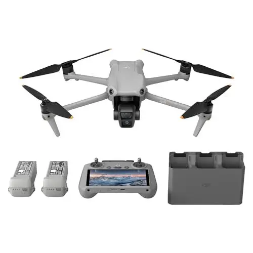 Produktbild: DJI Air 3 Fly More Combo mit DJI RC 2 (Fernsteuerung mit Bildschirm), Drohne mit 2 Primärkameras (mittlere Tele-/Weitwinkelkamera) für Erwachsene, 4K HDR, 46 Min. max. Flugzeit, 48 MP, 2 Zusatzakkus
