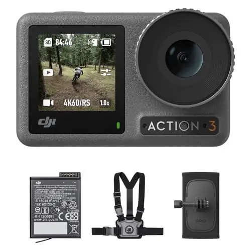 Produktbild: DJI Osmo Action 3 Outdoor Combo - 4K/120fps Action-Cam mit Brust- und Rucksackhalterung zum Wandern und Radfahren, superweites Sichtfeld, HorizonSteady, kältebeständig & 320 min Laufzeit mit 2 Akkus