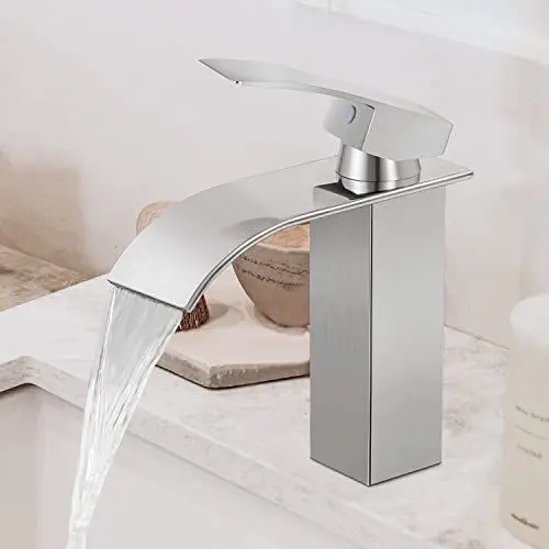 Produktbild: DJS Wasserhahn Bad, Wasserfall Wasserhahn Bad, Waschtischarmatur Wasserfall mit Auslauf Höhe 110 mm, Edelstahl Mischbatterie Waschbecken für Heißes und Kaltes Wasser, Nicke