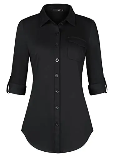 Produktbild: DJT Damen Bluse Weich Gestrickt Stretch Knopfleiste Langarm Hemdbluse Casual V-Ausschnitt Button Down Shirts Oberteil Schwarz S