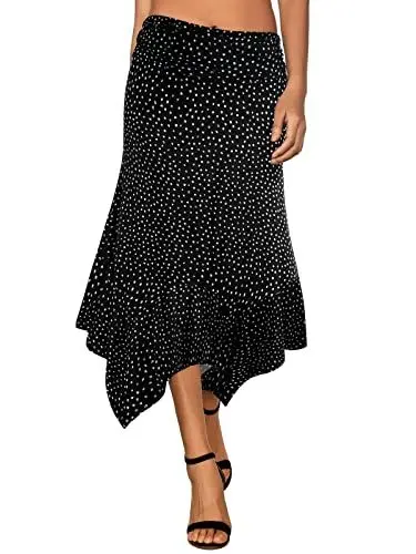 Produktbild: DJT Damen Elastisch Plissierte Taille Elegant Rock A-Linie Faltenrock Midi Rock mit Taschentuch Saum Schwarze Tupfen M