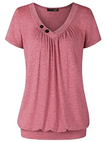 Produktbild: DJT Damen Sommer V-Ausschnitt mit Knopf Deko Kurzarm Stretch Tuniken Casual Basic T-Shirts Oberteile Locker Falten Tops Hellrot M