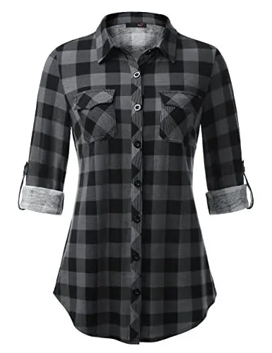 Produktbild: DJT Damen Weiches Gestrick Karierte Bluse Langarm 3/4 Roll Up Ärmel Hemdbluse Button-down Blusen Schwarz M