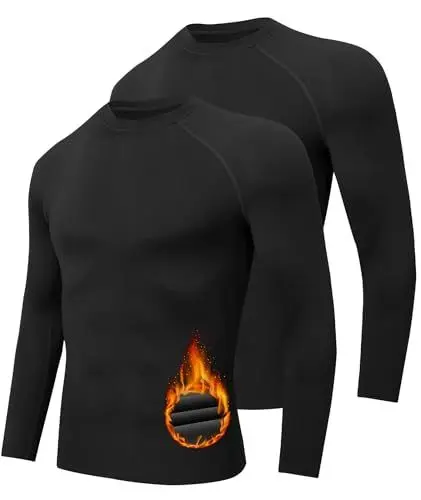 Produktbild: Djtnzdm Thermounterwäsche Herren Winter Fussball Unterziehshirt Innenfleece Thermo Sportshirt Outdoor Basic Tshirt Langarm 2er Pack XL Schwarz