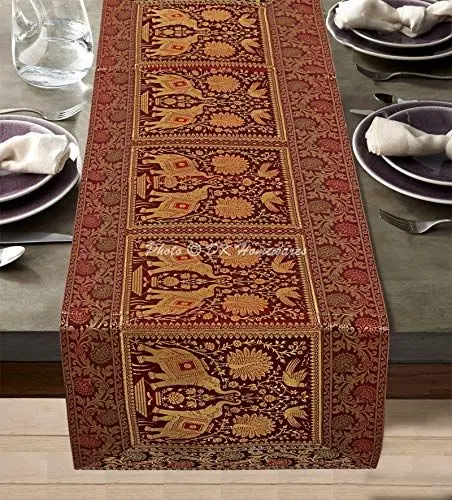 Produktbild: DK Homewares Indischer Ethnisch Kastanienbraun 150 X 40 cm Brokat Tischläufer Kaffeetisch-Dekor Elefant Pfau Jacquard 5 Ft Rechteck ESS-Herzstück (60 X 16 Zoll/Kastanienbraun Gold)