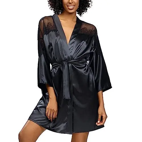 Produktbild: DKaren Morgenmantel Damen Leicht „Femi” XXL - Satin Bademantel Damen - Kimono für Frauen mit Spitzenärmeln - Hausmantel Schwarz