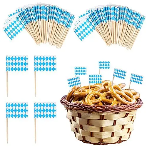 Produktbild: DKINY 100 Stück Oktoberfest-Zahnstocher Flaggen Bayerische Dekoration Blau Weiß Bayern Fahne Cupcake Toppers Oktoberfestsdeko Holzpicker Bierfest Geschirr Party Zubehör für Cocktail Obst Snack Würste