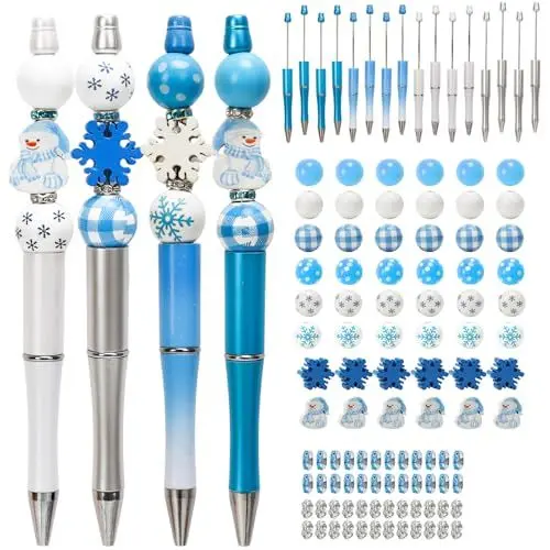 Produktbild: DKINY 16 Stück Weihnachten Bastelset Kinder, DIY Perlenstift Set mit Schneemann Schneeflocken Perlen, Kugelschreiber zum Basteln, Weihnachtliches Kreativset Geschenk für Junge Mädchen Studenten