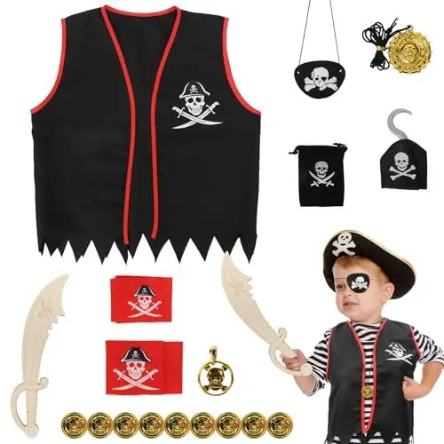Produktbild: DKINY 18PCS Piratenkostüm Kinder Halloween Piraten Kostüm Junge Pirat Weste mit Augenklappe Piratenhaken Kopftuch Piraten Cosplay Kinderkostüm Zubehör für Halloween Karneval Fasching Piratenparty