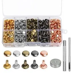 Produktbild: DKINY 250 sets Leder Nieten Metall Doppelkappe Nieten Set Ohrstecker Hohlnieten Nietenzange Leder Leather Rivet mit 3 Werkzeug Ösenzange für DIY Leder Handwerk Kleidung Tasche Schuhe Gürtel Reparatur