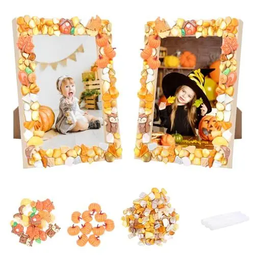 Produktbild: DKINY 2PCS Herbst Mosaik Bilderrahmen Bastelset Kinder Holz Fotorahmen Mosaiksets mit Kürbis Ahornblatt Eichhörnchen Pilz Mosaiksteine zum Basteln DIY Holzrahmen Kreativsets Geschenk für Kinder Herbst