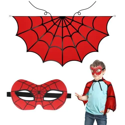 Produktbild: DKINY 2 Stück Spinnen Kostüm Kinder Schwarz Rot Spinnenumhang mit Maske Spinnennetz Umhang Spider Kinderkostüm Spinnenkostüm Cosplay Zubehör für Halloween Karneval Fasching