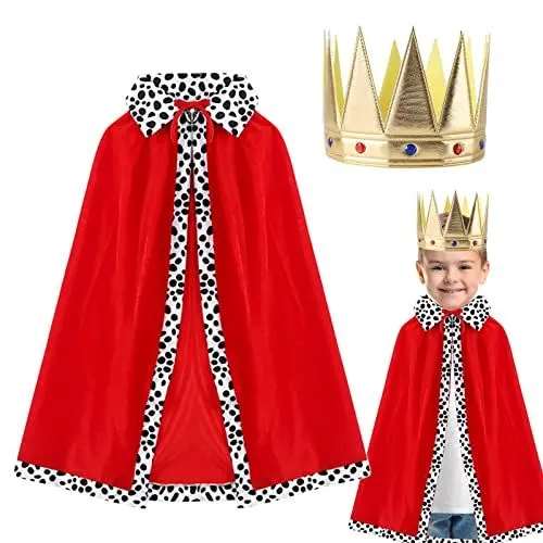 Produktbild: DKINY 2er König Umhang Kinder Rot Königsumhang mit Krone Mittelalterliches Prinz König Königin Cosplay Kostüm Königsmantel Samtmantel für Junge Mädchen Karneval Halloween Fasching Party
