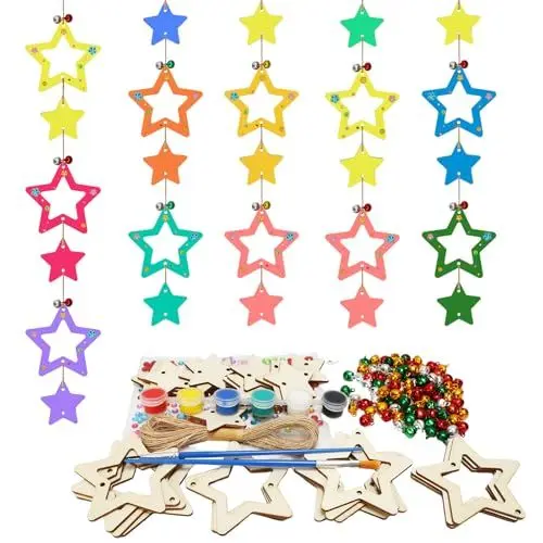 Produktbild: DKINY 30PCS Sterne Holzanhänger Bastelset Kinder Weihnachten Holzsterne zum Basteln & Bemalen DIY Weihnachtsstern mit Glocken Kreativset Geschenk Junge Mädchen Weihnachtsbaumschmuck Weihnachtsanhänger