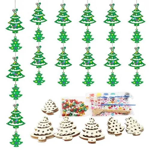 Produktbild: DKINY 30PCS Weihnachtsbaum Holzanhänger Bastelset Kinder Christbaum zum Basteln & Bemalen DIY Weihnachtsanhänger mit Glocken Weihnachtsbaumschmuck Christbaumschmuck Kreativset Geschenk Junge Mädchen