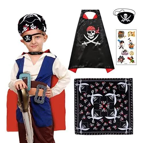 Produktbild: DKINY 4PCS Piratenkostüm Kinder Piraten kostüm Umhang zubehör mit Augenklappe Bandana Tattoo Aufkleber Piraten Cosplay Umhang Cape für Jungen Mädchen Halloween Rollenspiel Karneval Themenparty