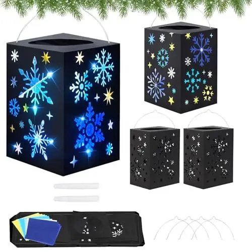 Produktbild: DKINY 4PCS Schneeflocken Laternen Bastelset Kinder Weihnachten Laternen zum Selber Basteln Schneeflocke Papierlaternen Bastelsets Weihnachtliches Laterne Basteln Kreativset Geschenk für Junge Mädchen