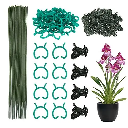 Produktbild: DKINY 50 Stück Pflanzenstützen Set Grüne Kunststoff Pflanzenstäbe mit Pflanzenclips & Pflanzenbinder Pflanzenhalter Rankstäbe für Rosen Orchidee Tomaten Haus Garten Kletterpflanze Rankhilfe 2mmx30cm