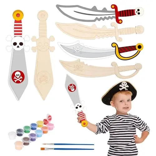 Produktbild: DKINY 6PCS Piratenschwerter aus Holz, Piraten Schwert Holzbastelset für Kinder, Piratensäbel zum Basteln und Bemalen, Kreativesets Bastelbedarf Geschenk für Junge Mädchen in Halloween Karneval