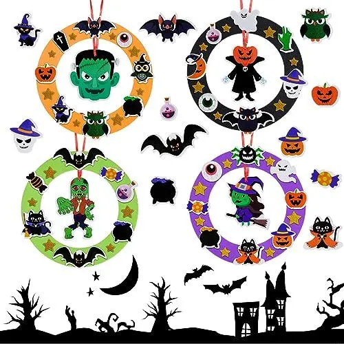 Produktbild: DKINY 8stk Halloween Kränze Bastelsets für Kinder DIY Fledermaus Kürbis Zombie Spinne Hexe Mix&Match Kreativsets und Bastelbedarf zum Basteln Halloween Kranz Basteln zum Dekorieren für Kinder