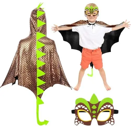 Produktbild: DKINY Dinosaurier Kostüm Kinder Halloween Dinokostüm mit Drachenflügel Umhang und Maske Dino Cosplay Kinderkostüm Zubehör für Junge Mädchen Halloween Karneval Fasching-Braun