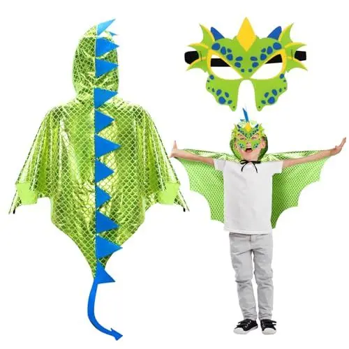 Produktbild: DKINY Dinosaurier Kostüm Kinder Halloween Dinokostüm mit Drachenflügel Umhang und Maske Dino Cosplay Kinderkostüm Zubehör für Junge Mädchen Halloween Karneval Fasching-Fluoreszierend Grün