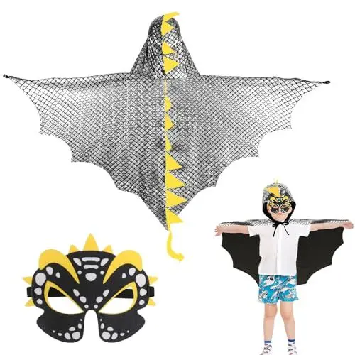 Produktbild: DKINY Dinosaurier Kostüm Kinder Halloween Dinokostüm mit Drachenflügel Umhang und Maske Dino Cosplay Kinderkostüm Zubehör für Junge Mädchen Halloween Karneval Fasching-Silber