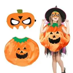 Produktbild: DKINY Halloween Kürbis Kostüm Kinder, Kürbis Umhang mit Maske, Orange Pumpkin Cap zum Verkleiden, Halloween Kürbis Cosplay Kostüm für Halloween Karneval Fasching Maskerade