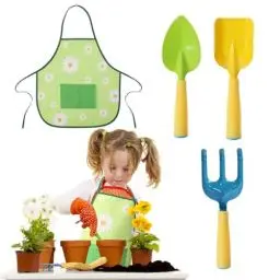 Produktbild: DKINY Kinder Gartenset, 4PCS Gartengeräte Gartenschürze mit Schaufel Handspaten Unkrautharke, Garten Spielzeug Gartenhelfer, Garten Strand Outdoor Spielzeug für Junge Mädchen ab 3 4 5 6 Jahre