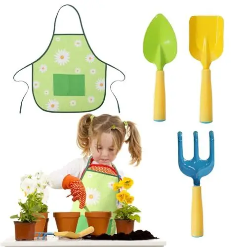 Produktbild: DKINY Kinder Gartenset, 4PCS Gartengeräte Gartenschürze mit Schaufel Handspaten Unkrautharke, Garten Spielzeug Gartenhelfer, Garten Strand Outdoor Spielzeug für Junge Mädchen ab 3 4 5 6 Jahre