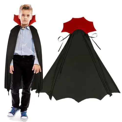 Produktbild: DKINY Vampir Kostüm Kinder Dracula Umhang mit Schwarz Rot Kragen Zauberumhang Devil Teufel Böse Geister Cosplay Kinderkostüm für Junge Mädchen Halloween Karneval Fasching Maskerade Mottoparty