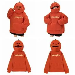 Produktbild: DKLOVIFU Halloween Kostüm Damen Lustig Kürbis Kapuze Plüsch Hoodie, Teddy Fleece Pullover Cosplay Karneval Sweatshirt für Paare Oversize Partywear Pumpkin Briefe Stickerei Kapuzenpullover Festival