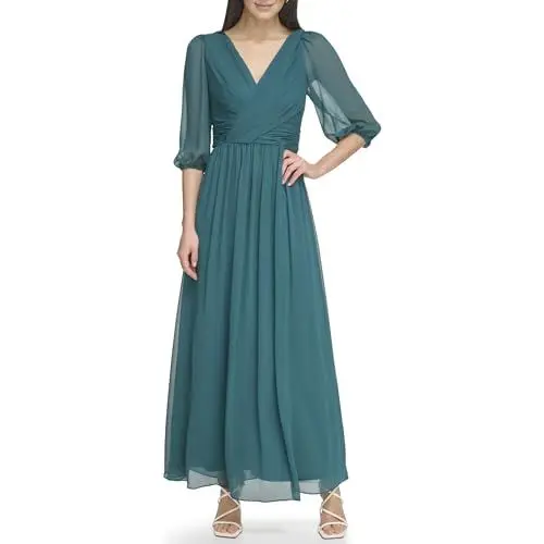 Produktbild: DKNY Damen Long Chiffon V-Neck Dress Kleid, Waldgrün, 32