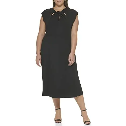 Produktbild: DKNY Damen Short Sleeve Scuba Crepe Twist Neck Midi Dress Kleid, Schwarz, 46 Mehr