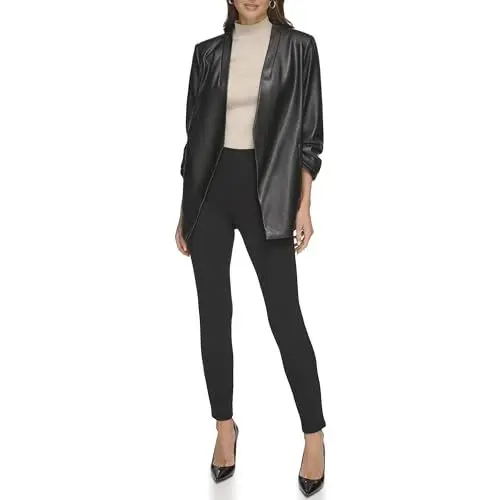 Produktbild: DKNY Women's 3/4 Ruched Sleeve PU Blazer, Black, M