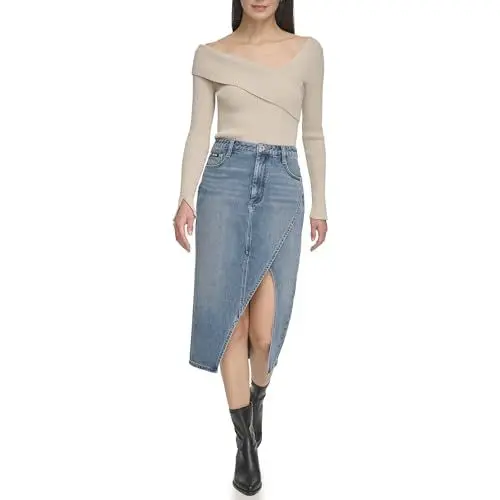 Produktbild: DKNY Women's Asymmetric Slit Denim Skirt, Blue, 28