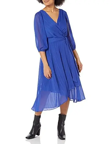 Produktbild: DKNY Women's Faux Wrap V-Neck 3/4 Balloon Sleeves Asymetric Hemline Midi Dress with Silver Lurex Stripes, Deep Cobalt Blue, 44 (DE)